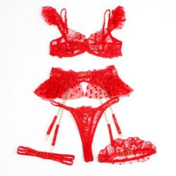SUBBLIME - 957513 CONJUNTO DE SUJETADOR Y LIGUERO DE ENCAJE ROJO L/XL
