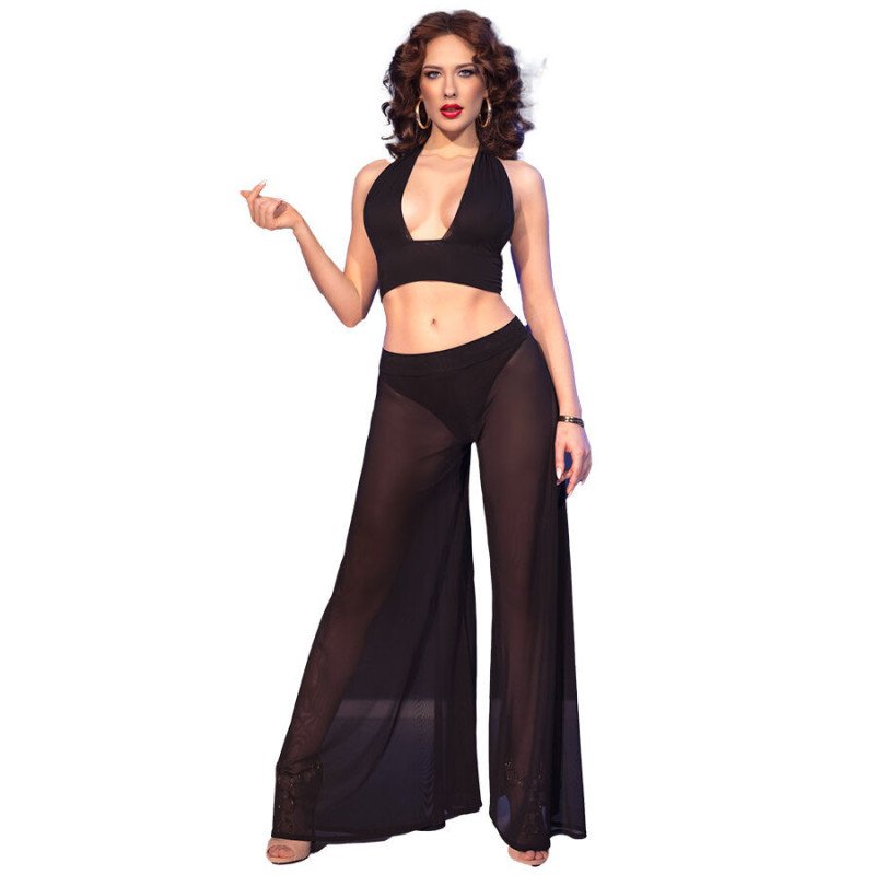 CHILIROSE - CR 4857 CONJUNTO DE TOP Y PANTALÓN NEGRO TALLA S
