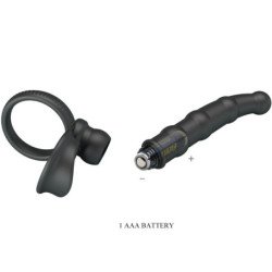 PRETTY LOVE - ANILLO VIBRATORIO PARA PENE TATUM CON TAPÓN, 10 VIBRACIONES, NEGRO