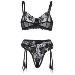 SUBBLIME - 945244 SUJETADOR + PANTIES CON LIGUERO DISEÑO FLORAL NEGRO L/XL