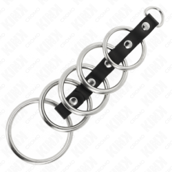 KINK - 5 ANILLOS METÁLICOS PARA PENE DE 3,2 CM A 5 CM CONECTADOS POR CUERO
