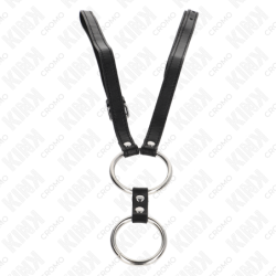 KINK - ANILLO DOBLE DE METAL PARA PENE DE 3,8 CM A 5 CM CON CINTURÓN DE CUERO DE 112 CM