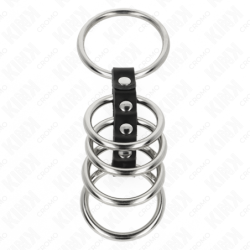 KINK - 5 ANILLOS PARA PENE DE 3,7 CM A 5 CM DE METAL CONECTADOS POR CUERO