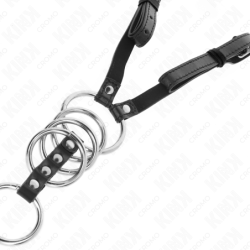 KINK - 5 ANILLOS PARA PENE DE 3,8 CM A 5 CM DE METAL CON CINTURÓN DE CUERO DE 112 CM