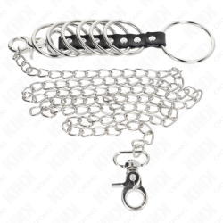 KINK - 7 ANILLOS METÁLICOS PARA PENE DE 3,8 CM A 5 CM CONECTADOS CON CADENA DE CUERO Y METAL DE 100 CM
