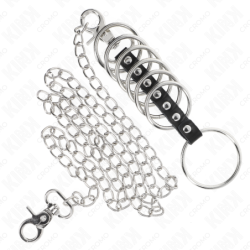 KINK - 7 ANILLOS METÁLICOS PARA PENE DE 3,8 CM A 5 CM CONECTADOS CON CADENA DE CUERO Y METAL DE 100 CM