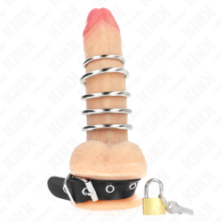 KINK - ANILLO DE PENE DE CUERO CON CIERRE DE SEGURIDAD DE 21 X 2 CM Y 5 ANILLOS METÁLICOS DE 3 CM A 4 CM