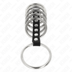 KINK - 7 ANILLOS METÁLICOS PARA PENE DE 3,2 CM A 5 CM CONECTADOS POR CUERO