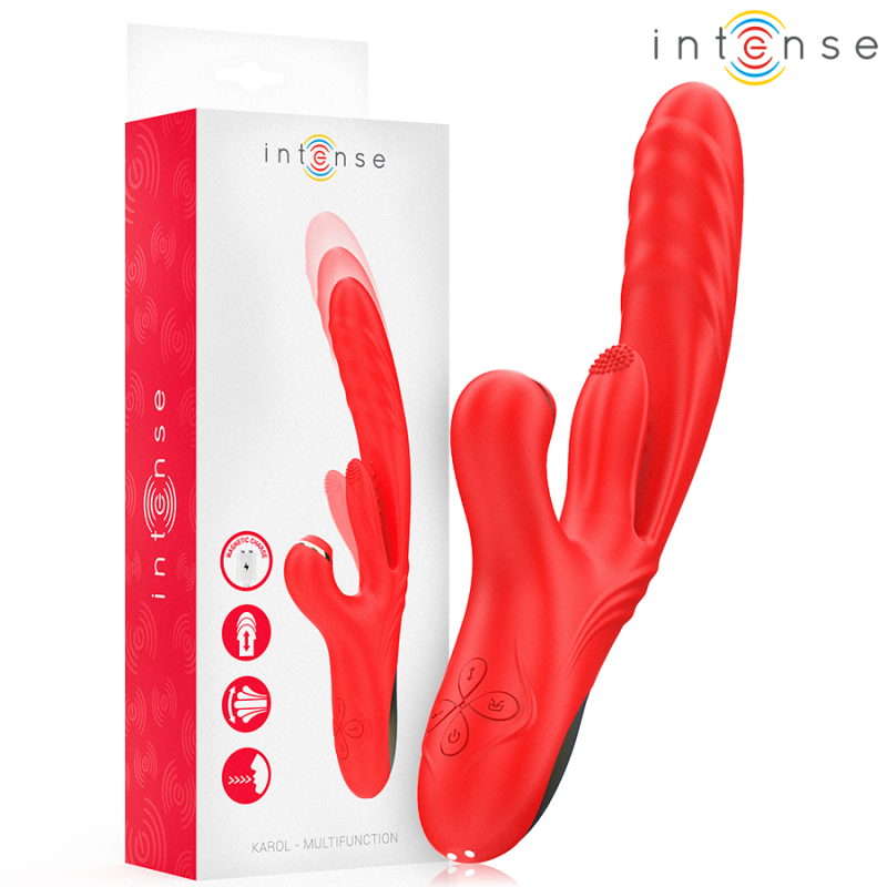 INTENSE - VIBRADOR MULTIFUNCIÓN KAROL EMPUJE Y ESTIMULACIÓN Y ONDAS ESTIMULANTES ROJO