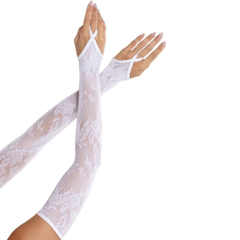 LEG AVENUE - GUANTES CALENTADORES DE BRAZOS EXTRALARGOS CON ENCAJE FLORAL, BLANCOS
