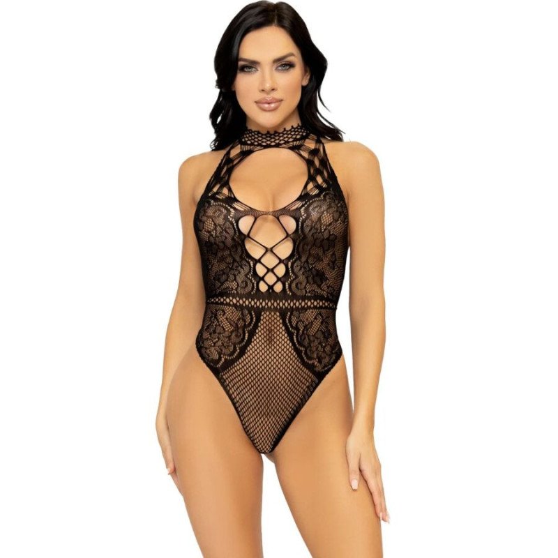 LEG AVENUE - BODY DE RED Y ENCAJE CON ESCOTE DE HALTER, TALLA ÚNICA
