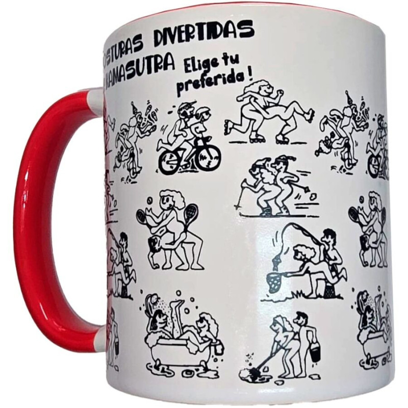 DIABLO PICANTE - TAZA BLANCA CON POSICIONES DEL KAMASUTRA Y ASA ROJA 370 ML