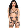 LEG AVENUE - 89362 CONJUNTO DE TOP + TANGA + LIGUERO + ESPOSAS NEGRO - TALLA ÚNICA