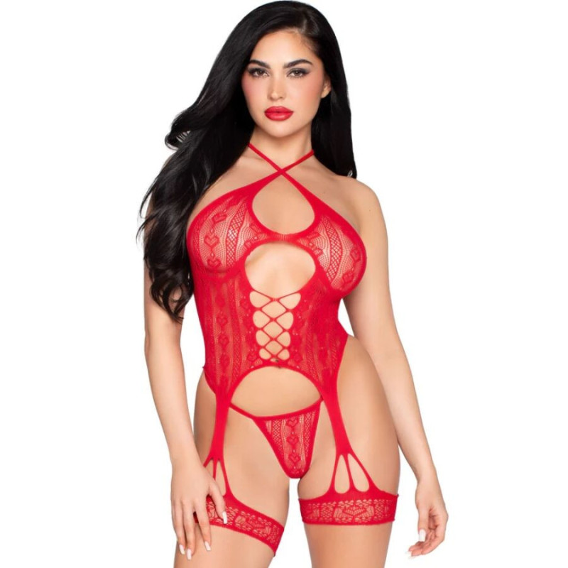 LEG AVENUE - 89338 BODY DE ENCAJE ABIERTO CON LIGUERO + TANGA ROJO - TALLA ÚNICA