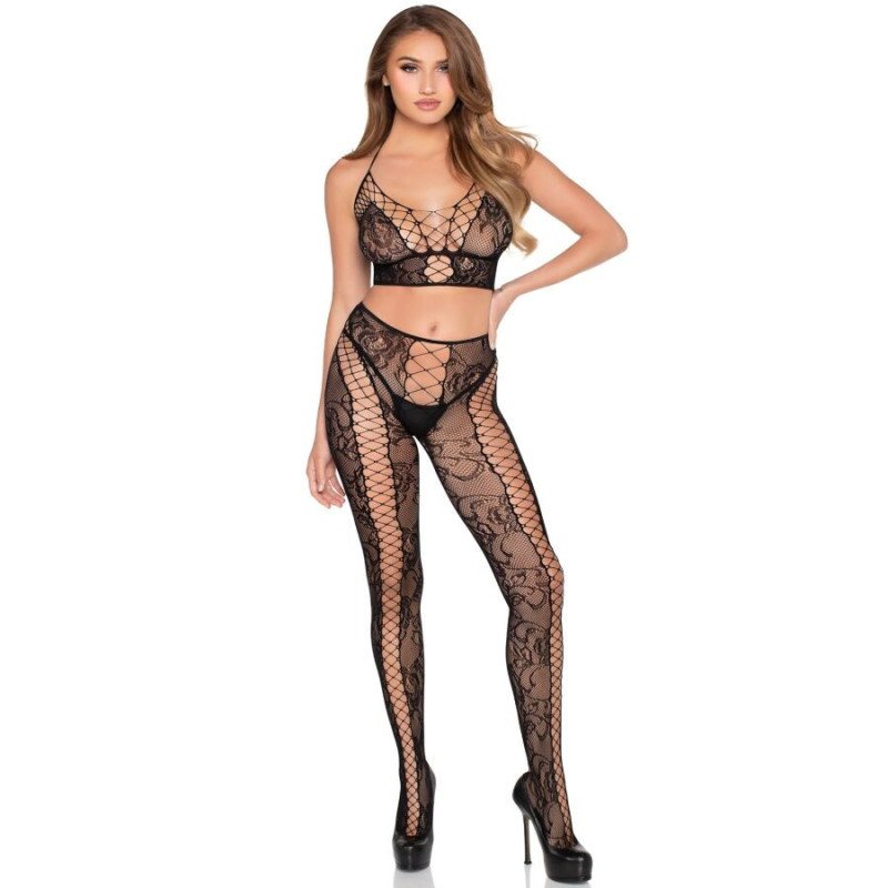 LEG AVENUE - 89368 TOP CORTO DE RED Y ENCAJE Y MEDIAS NEGRAS - TALLA ÚNICA