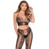 LEG AVENUE - 89368 TOP CORTO DE RED Y ENCAJE Y MEDIAS NEGRAS - TALLA ÚNICA