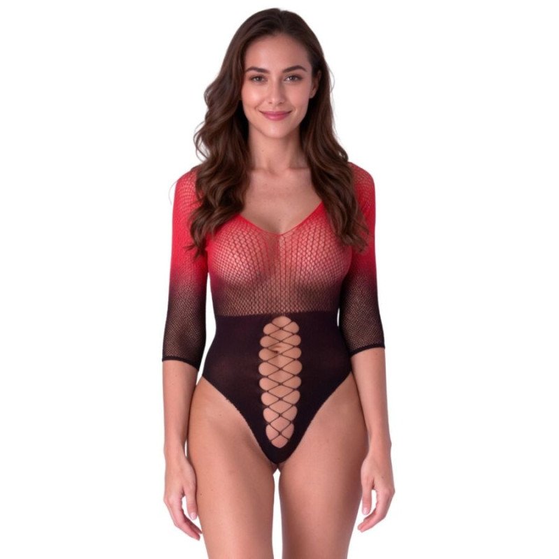 PASIÓN - BODY STOCKING DE MALLA NEGRA Y ROJA BS118