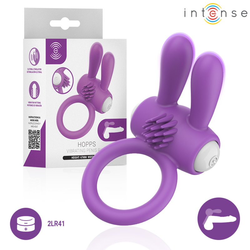INTENSE - ANILLO VIBRATORIO PARA PENE HOPPS CON ESTIMULACIÓN CLITORAL MORADO