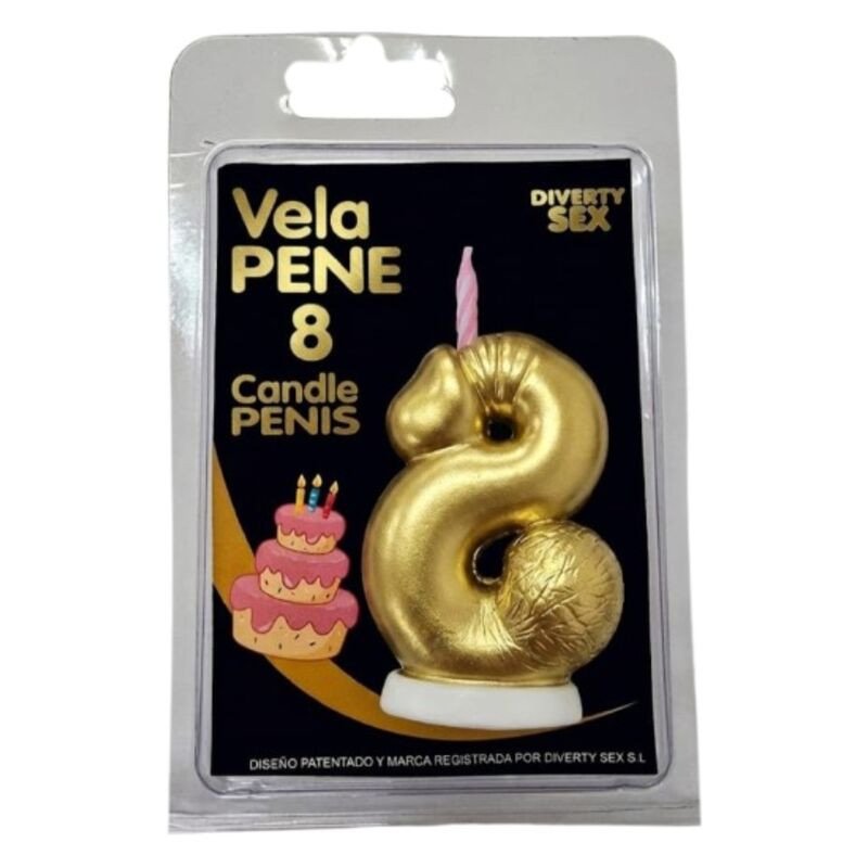 DIABLO PICANTE - VELA CON FORMA DE PENE CON EL NÚMERO 8, COLOR DORADO