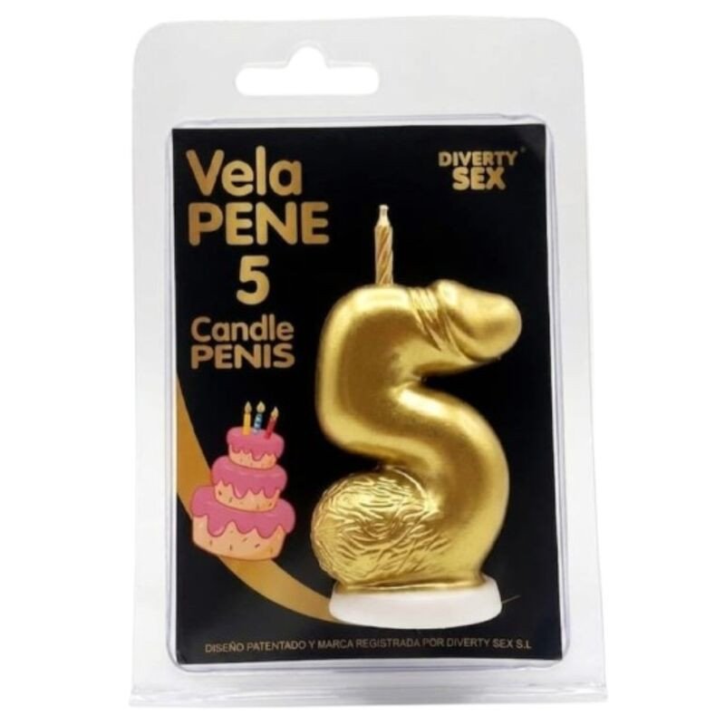 DIABLO PICANTE - VELA CON FORMA DE PENE EN FORMA DEL NÚMERO 5, COLOR DORADO