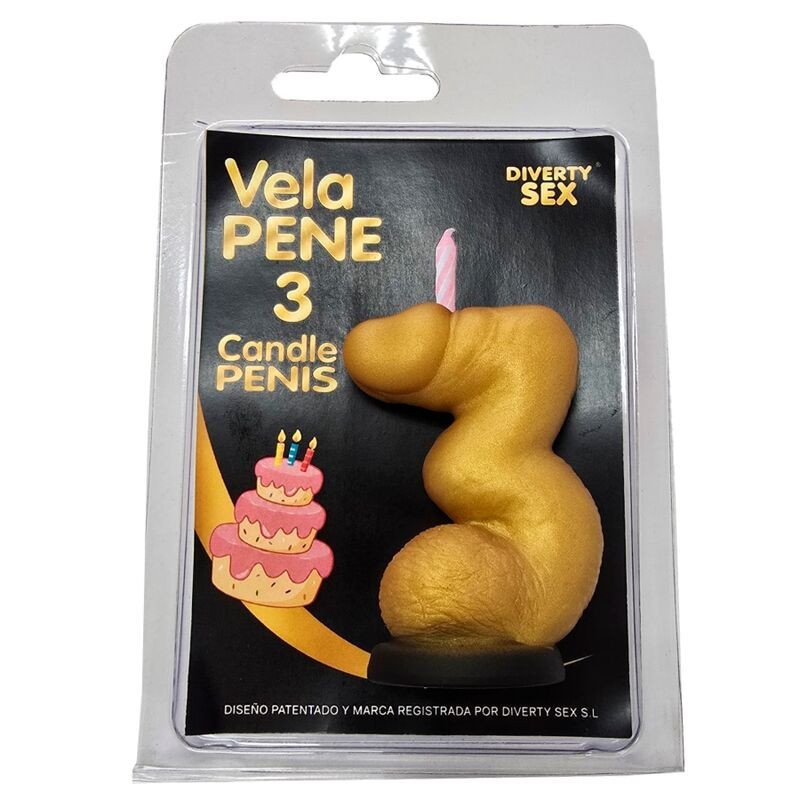 DIABLO PICANTE - VELA CON FORMA DE PENE CON FORMA DEL NÚMERO 3, COLOR DORADO