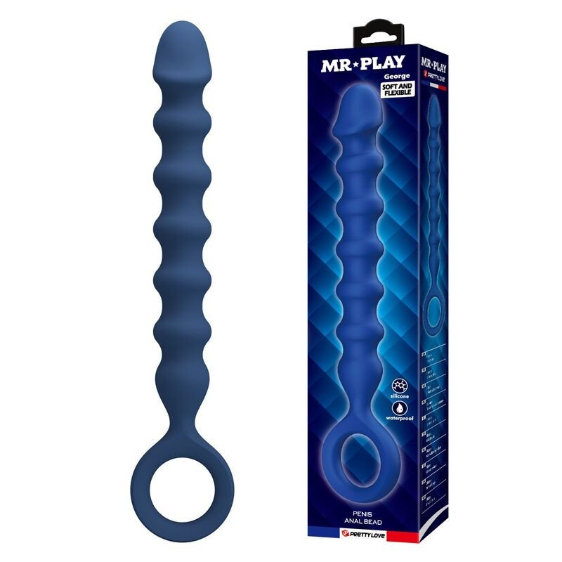 MR PLAY - PERLAS ANALES DE SILICONA AZUL Y TAPÓN ANAL -Ø- 3,4 CM - 28,5 CM