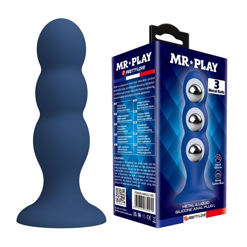 MR PLAY - TAPÓN ANAL CON BOLAS METÁLICAS Y VENTOSA AZUL
