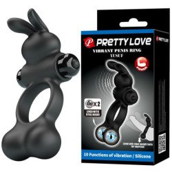 PRETTY LOVE - ANILLO VIBRATORIO PARA PENE CON ESTIMULADOR DE CONEJO, 10 FUNCIONES, NEGRO
