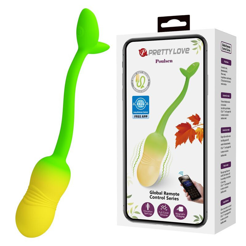 PRETTY LOVE - HUEVO VIBRADOR CONTROLADO POR APP PULSEN, 12 FUNCIONES, RECARGABLE POR USB, VERDE-AMARILLO