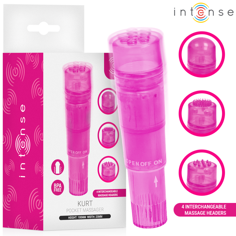 MASAJEADOR INTENSO KURT MINI CON 4 CABEZALES INTERCAMBIABLES, COLOR ROSA