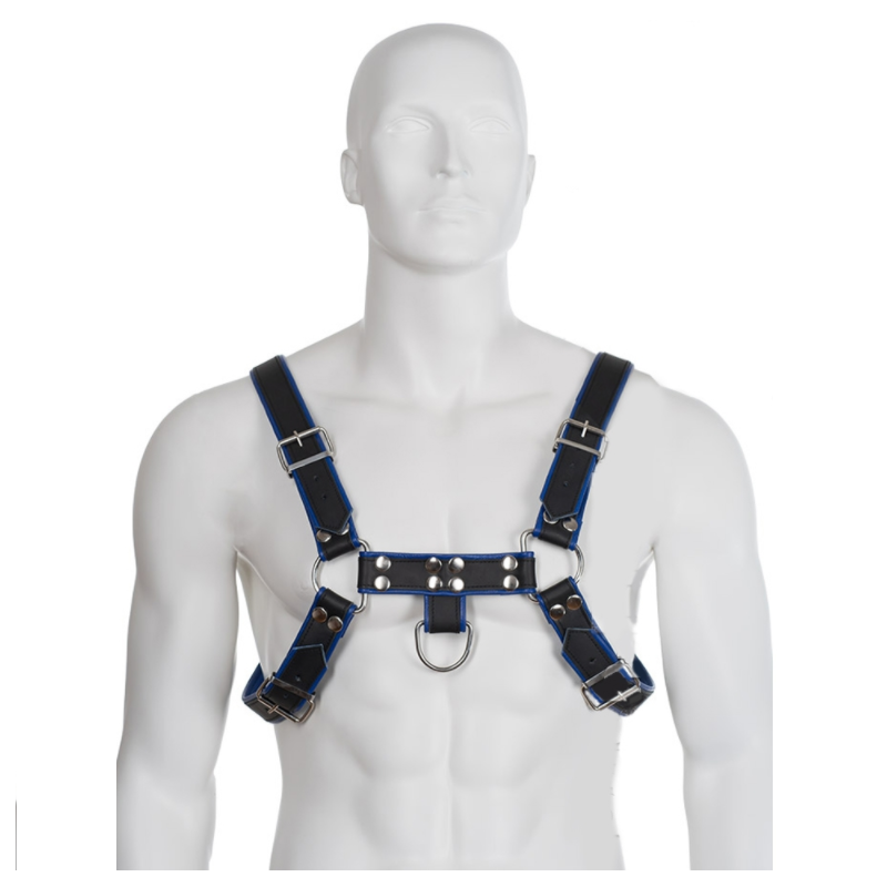 CUERPO DE CUERO - ARNESCO DE CUERO AZUL Y NEGRO PARA EL PECHO (BULLDOG)