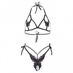 LEG AVENUE SET DOS PIEZAS SUJETADOR Y TANGA DE MARIPOSAS Y PERLAS TALLA UNICA - NEGRO