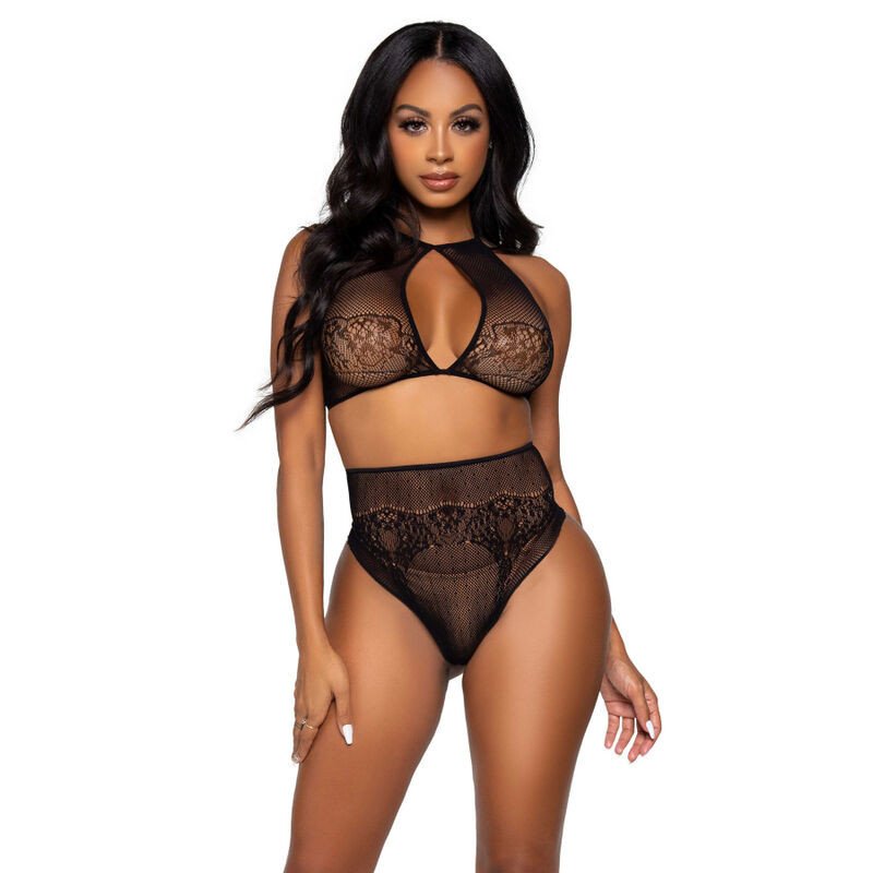LEG AVENUE - CONJUNTO DE DOS PIEZAS: TOP CORTO CON ESTILO HALTER Y BRAGUITA TANGA - TALLA ÚNICA