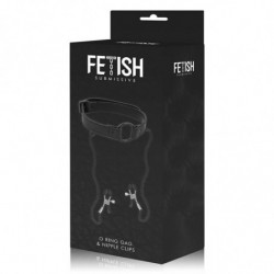 FETISH SUBMISSIVE - ANILLO DE AMORDAZAMIENTO CON PINZAS PARA PEZONES