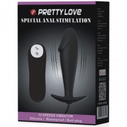 PRETTY LOVE - TAPÓN ANAL DE SILICONA CON FORMA DE PENE Y 12 MODOS DE VIBRACIÓN, COLOR NEGRO