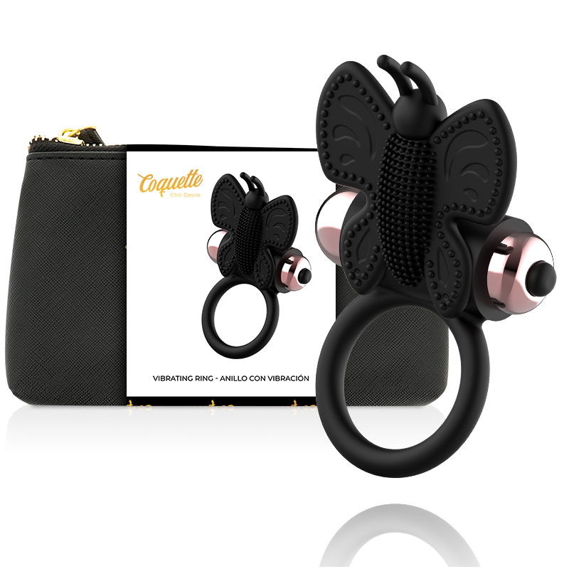 COQUETTE CHIC DESIRE - ANILLO PARA PENE CON FORMA DE MARIPOSA Y VIBRADOR NEGRO/DORADO