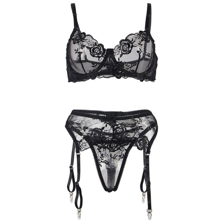 SUBBLIME - 945244 SUJETADOR + PANTIES CON LIGUERO DISEÑO FLORAL NEGRO L/XL