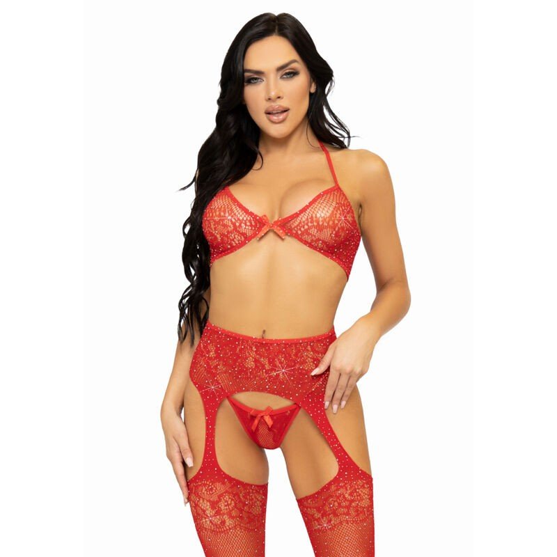 LEG AVENUE SET TRES PIEZAS SUJETADOR, TANGA Y MEDIAS TALLA UNICA - ROJO