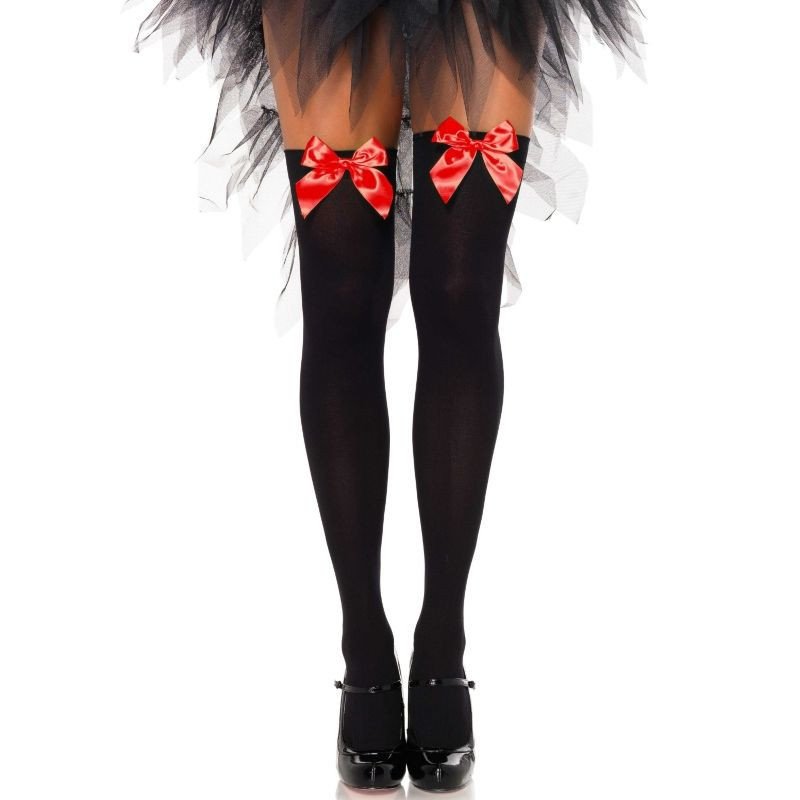 LEG AVENUE - MEDIAS ALTAS DE NYLON NEGRAS CON LAZO ROJO - TALLA ÚNICA