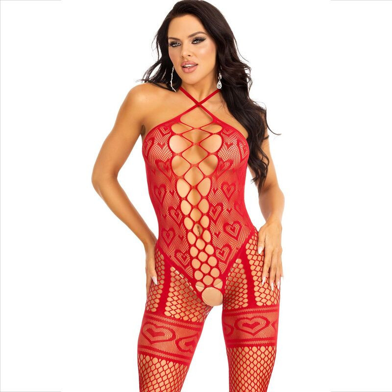 LEG AVENUE - BODY STOCKING CON CUELLO Y ESTILO HALTER, CORAZONES ROJOS