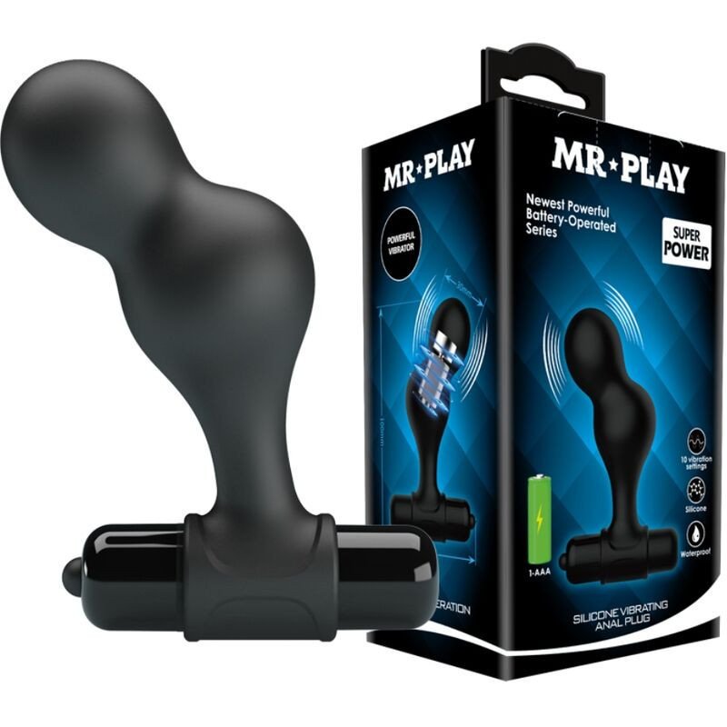 MR PLAY - VIBRADOR DE SILICONA NEGRA CON TAPÓN ANAL