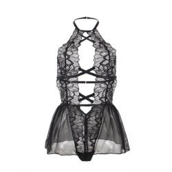 SUBBLIME - TEDDY CON CUELLO HALTER Y ESPALDA DESNUDA, DE ENCAJE, NEGRO, S/M