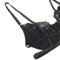 SUBBLIME - CONJUNTO DE 3 PIEZAS SUJETADOR + TANGA + LIGUERO DE ENCAJE NEGRO L/XL