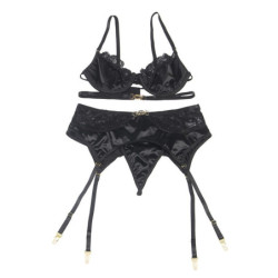 SUBBLIME - CONJUNTO DE 3 PIEZAS SUJETADOR + TANGA + LIGUERO DE ENCAJE NEGRO TALLA S/M
