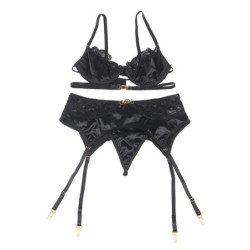 SUBBLIME - CONJUNTO DE 3 PIEZAS SUJETADOR + TANGA + LIGUERO DE ENCAJE NEGRO TALLA S/M