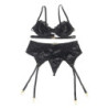 SUBBLIME - CONJUNTO DE 3 PIEZAS SUJETADOR + TANGA + LIGUERO DE ENCAJE NEGRO TALLA S/M