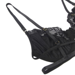 SUBBLIME - CONJUNTO DE 3 PIEZAS SUJETADOR + TANGA + LIGUERO DE ENCAJE NEGRO TALLA S/M
