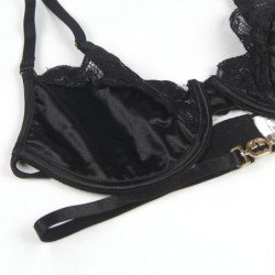 SUBBLIME - CONJUNTO DE 3 PIEZAS SUJETADOR + TANGA + LIGUERO DE ENCAJE NEGRO TALLA S/M
