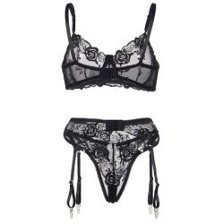 SUBBLIME - CONJUNTO DE 3 PIEZAS SUJETADOR + TANGA + LIGUERO ESTAMPADO FLORAL NEGRO TALLA S/M