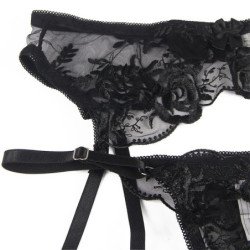 SUBBLIME - CONJUNTO DE 3 PIEZAS SUJETADOR + TANGA + LIGUERO ESTAMPADO FLORAL NEGRO TALLA S/M